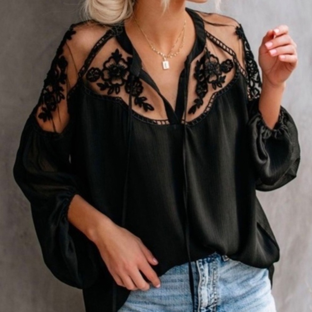 Elegant Black Lace Up Romantic Chiffon Blouse NEW - Picture 5 of 9
